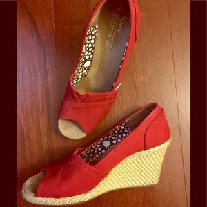 TOMS peep toe red canvas wedge